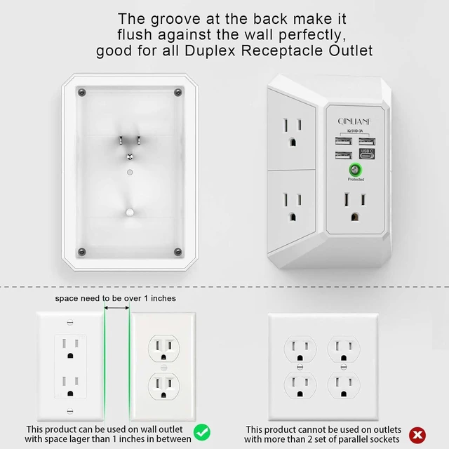 Alt view image 3 of 7 - Wall Charger Surge Protector 5 Outlet Extender with 4 USB Ports