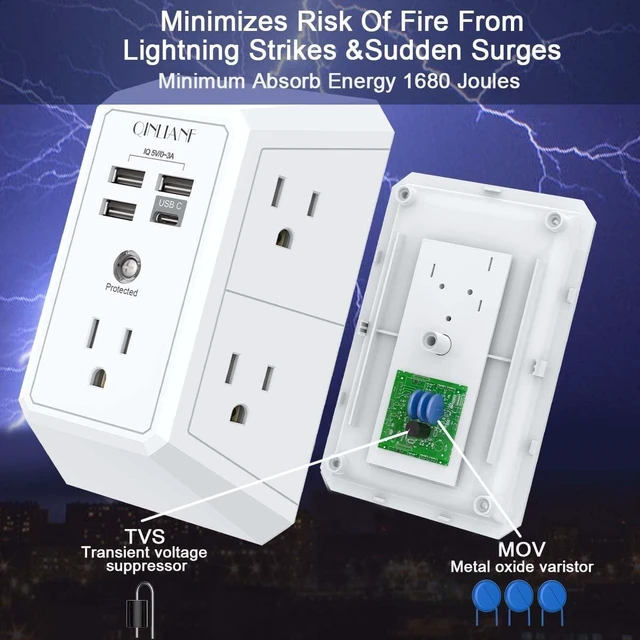 Alt view image 6 of 7 - Wall Charger Surge Protector 5 Outlet Extender with 4 USB Ports