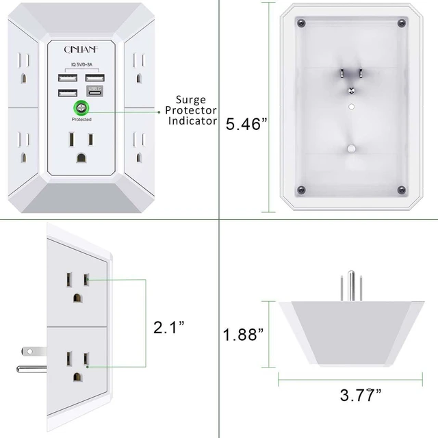 Alt view image 7 of 7 - Wall Charger Surge Protector 5 Outlet Extender with 4 USB Ports