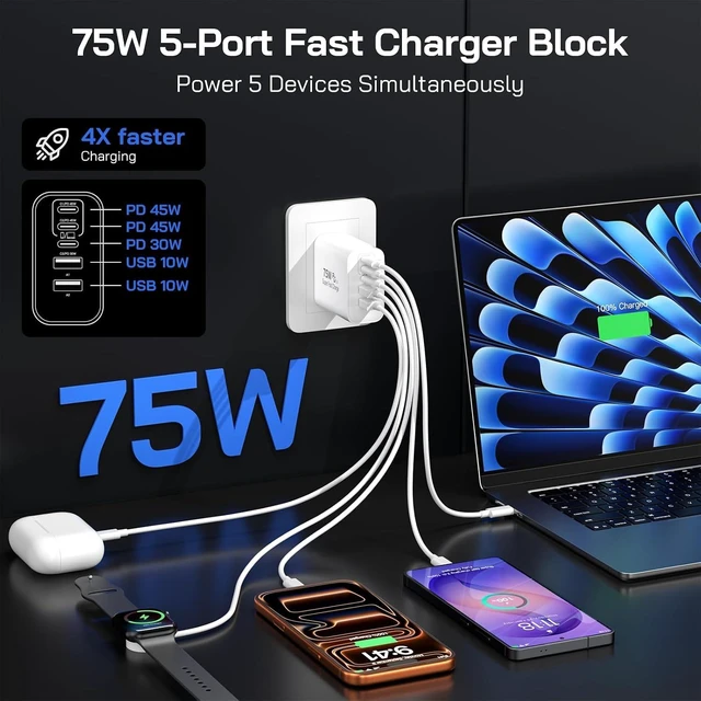 Alt view image 3 of 7 - 75W USB C Charger Block 5-Port USBC Wall Charger Super Fast Charging Block