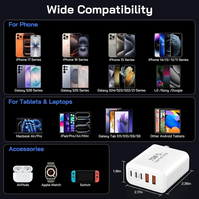 Alt view image 7 of 7 - 75W USB C Charger Block 5-Port USBC Wall Charger Super Fast Charging Block