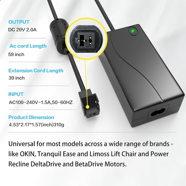 Alt view image 4 of 7 - Power Recliner Power Supply 2-Pin AC/DC Adapter 100-240V Quality 29V 2A Switching Transformer Replacement Part for Recliner Couch/Electric Sofa/Lift Chair/Standing Desk (Black 2)
