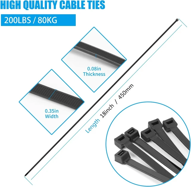 Alt view image 2 of 7 - 18 inch Black Zip Ties Heavy Duty 100 PACK 220 LBS Ultra Exclusive Strong Plastic Wire Ties Large Cable Ties Extra Long Tie Wraps Indoor and Outdoor UV Resistant