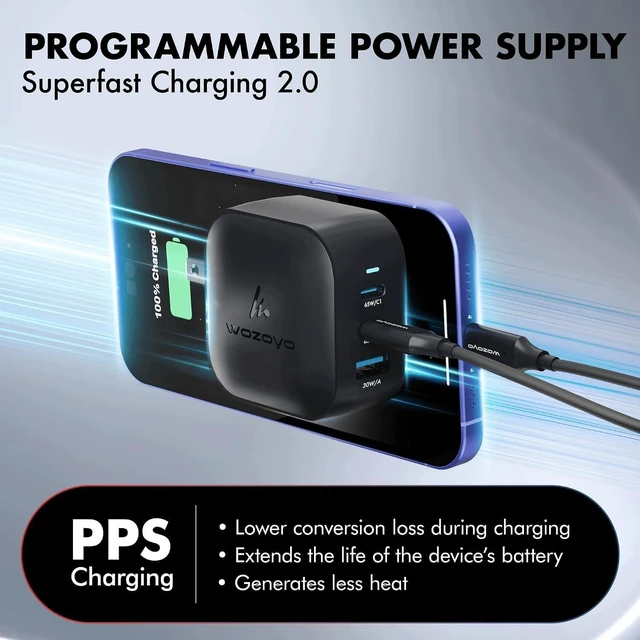 Alt view image 3 of 7 - 65W GaN Charger 2XType-C & USB-A Superfast 2.0 Charging Compatible for iPhone 17/16/16 Pro Max/15 Series/iPad Pro Smartphones Tablets and More PD/PPS/QC 3.0 Compact Foldable Plug