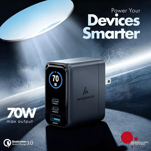 Alt view image 2 of 7 - 70W Smart LED GaN Charger 2XType-C & USB-A Superfast 2.0 Charging Compatible For iPhone 17/16/16 Pro Max/15 Series/iPad Pro Smartphones Tablets And More PD/PPS/QC 3.0 Compact Foldable Plug