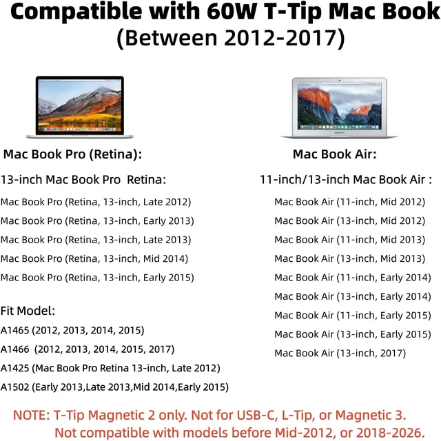 Alt view image 5 of 7 - Old Mac Book Pro Charger - 60W Magnetic 2 T-Tip Power Adapter (2012-2017)