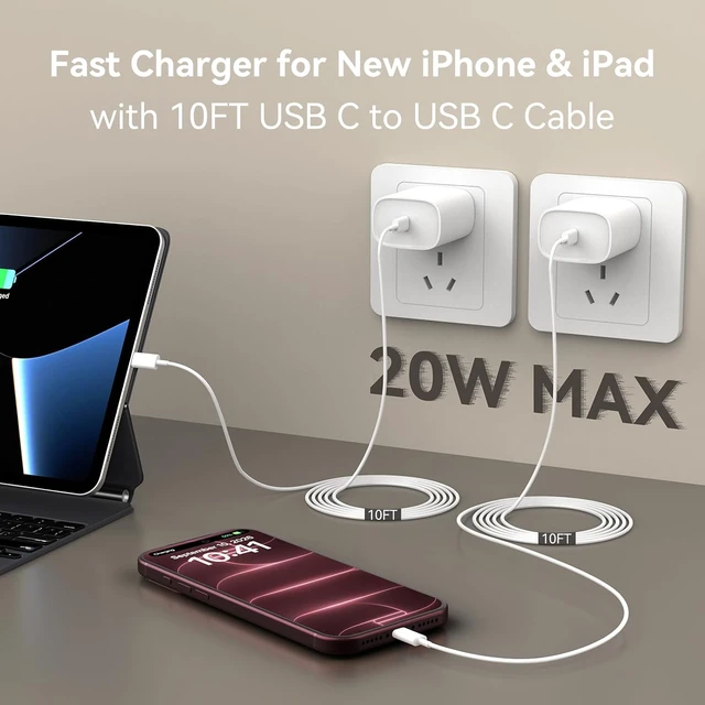 Alt view image 3 of 6 - iPhone 18 17 16 15 Pro Max Charger Fast Charging 20W 10 FT Long USB C Cable