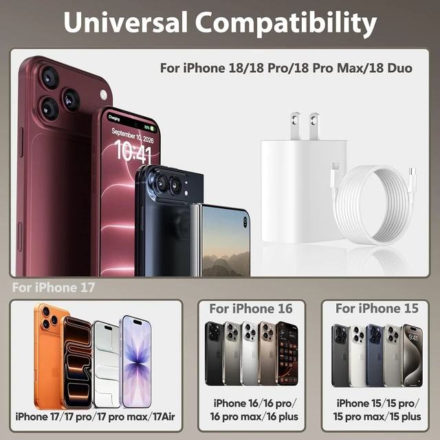 Alt view image 5 of 6 - iPhone 18 17 16 15 Pro Max Charger Fast Charging 20W 10 FT Long USB C Cable