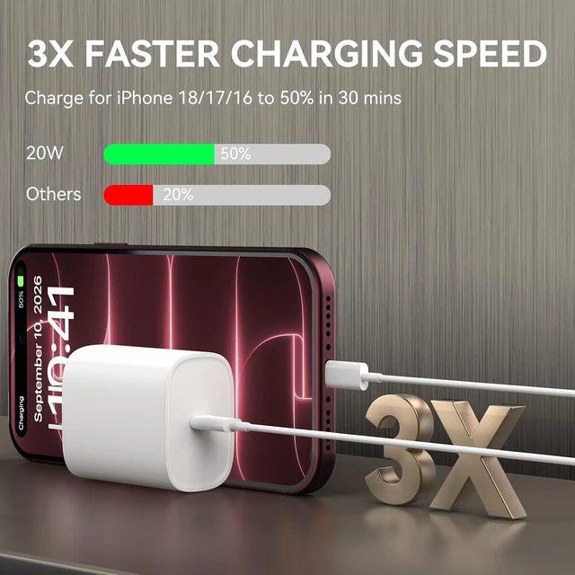 Alt view image 2 of 6 - iPhone 18 17 16 15 Pro Max Charger Fast Charging 20W 10 FT Long USB C Cable