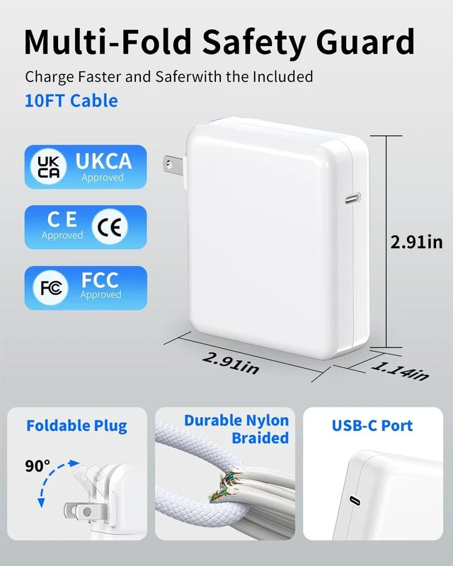 Alt view image 3 of 7 - MacBook Pro Charger - 61W USB C Power Adapter with 10FT USB-C Braided Cable