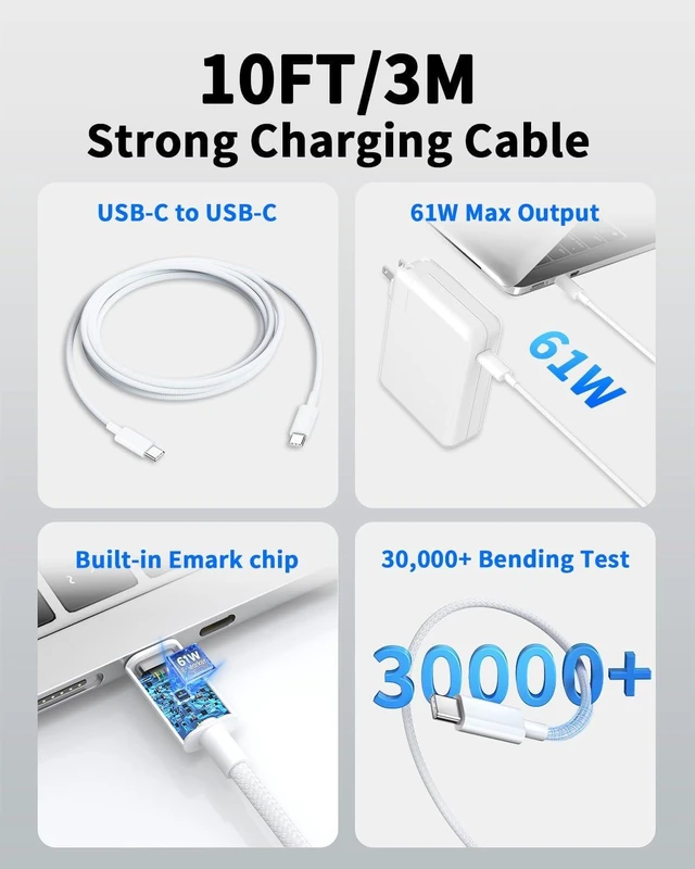Alt view image 7 of 7 - MacBook Pro Charger - 61W USB C Power Adapter with 10FT USB-C Braided Cable