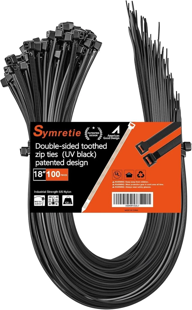 Main image of 18 -double-sided tooth zip ties black. : 120lbs tensile strength. Heavy-duty self-locking adjustable durable nylon ties for indoor/outdoor use. (100Pack black)