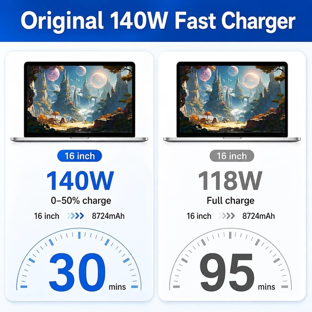 Alt view image 3 of 7 - 140W Mac Book Pro Charger Original Quality USB C Super Fast Charger Cable Compatible with MacBook Pro/Air 16 14 Inch M1 M2 M3 M4/ipad Pro/ Galaxy and All USB C Device
