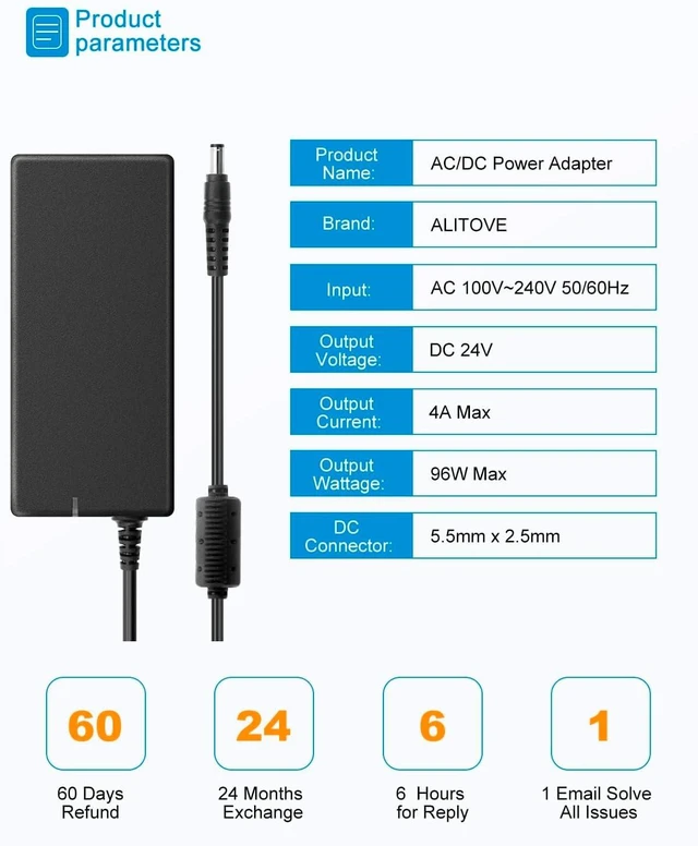 Alt view image 2 of 7 - 24V Power Supply 4A 96W AC/DC Adapter 100-240V AC to DC 24 Volt Converter 4amp 3.75A 3.5A 3A 2.5A Transformer 5.5x2.5mm for AMS-2-Pro LED Strip CCTV Camera LCD Monitor Massage Chair