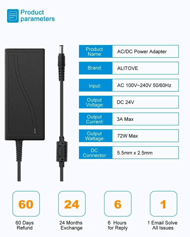Alt view image 2 of 7 - 24V 3A 72W AC to DC Adapter Power Supply Converter AC 100V ~ 240V to DC 24V 3amp Transformer with 5.5x2.1mm DC Output Jack for 5050 3528 LED Strip Module Light CCTV Camera System