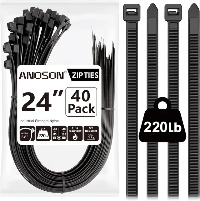 Main image of Large Zip Ties Heavy Duty Outdoor 24 inch (40 Pack) Heavy Duty Zip Ties 220 lbs Black by