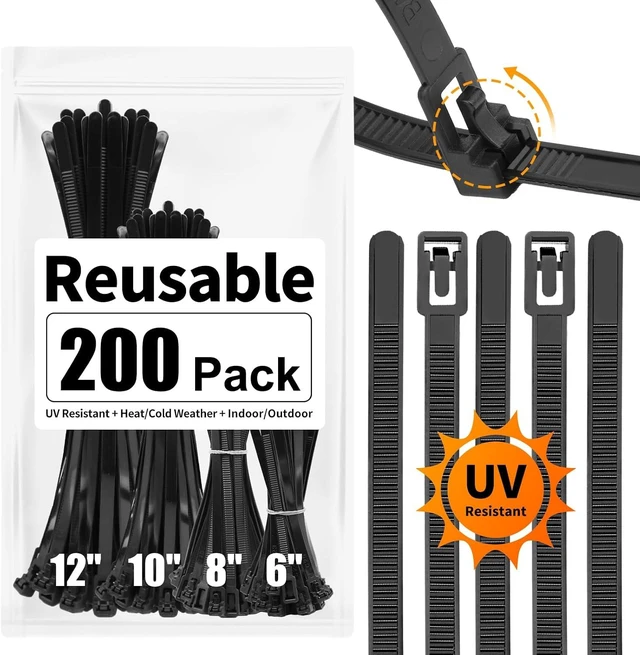 Main image of 200 Pack Reusable Zip Ties Assorted Sizes 6 8 10 12 Inch Black Cable Ties