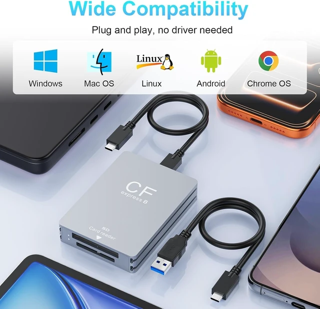 Alt view image 6 of 7 - CFexpress Type B and SD Dual-Slot Memory Card Reader 10Gbps USB 3.2 Gen 2 Dual-Slot Aluminum Alloy CF Express Adapter with USB C to C/A Cable Compatible with Windows Mac Linux Android