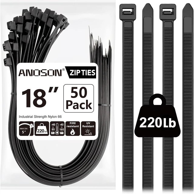 Main image of Large Zip Ties 18 inch 50 Pack Long Zip Ties Heavy Duty with 220 lb Tensile Strength Big Cable Ties Black