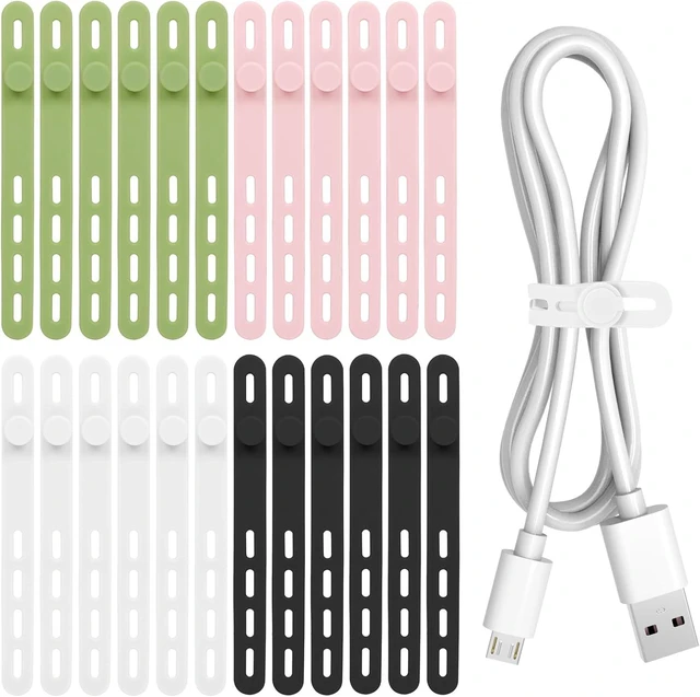 Main image of 24Pcs Silicone Cable Ties Reusable Cord Organizer Straps 4 Colors