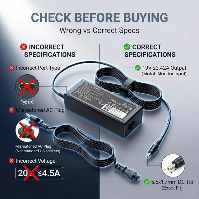 Alt view image 5 of 7 - 65W 19V Monitor Power Adapter Compatible with SB220Q SB240Y R240HY