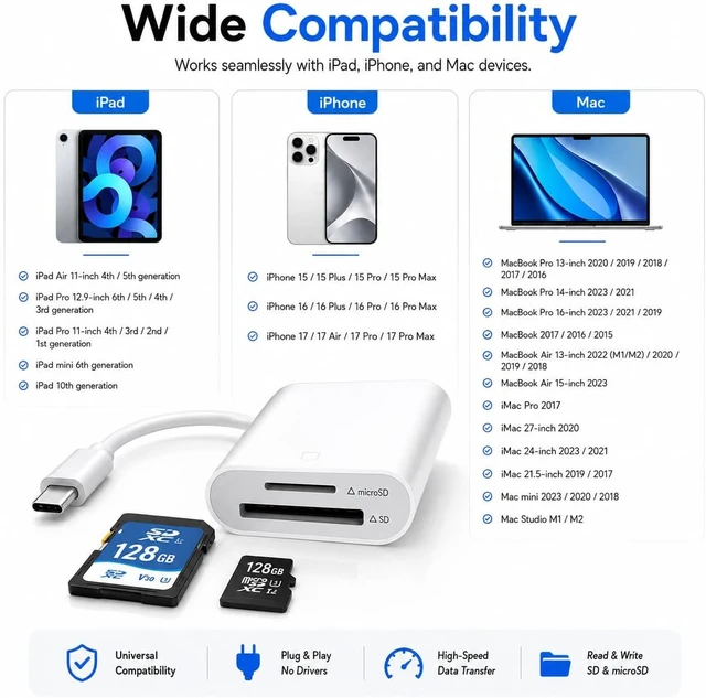 Alt view image 4 of 7 - 2 in 1 USB-C SD & MicroSD Card Reader for iPhone 17/16/15 iPad MacBook Pro/Air Android & PC Plug & Play Adapter Supports SD/TF Cards up to 512 GB