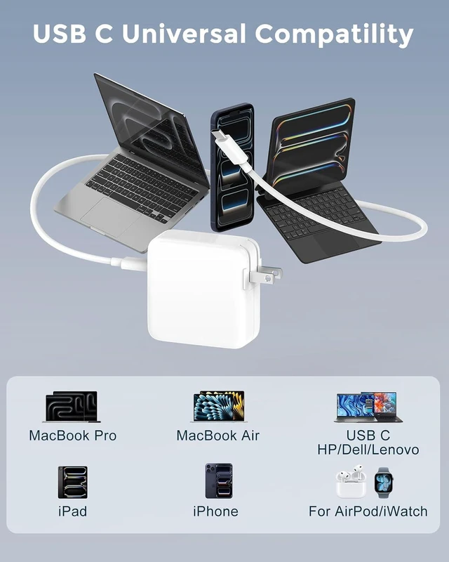 Alt view image 6 of 6 - USB C Charger for MacBook Pro MacBook Air 13 13.6 14 15 16 inch Neo M1 M2 M3 M4 M5 2026 2025 2024 2023 2022 2021 2020 2019 2018 Super Compact 100W Power Adapter 6.6FT USB-C Cable Original Quality
