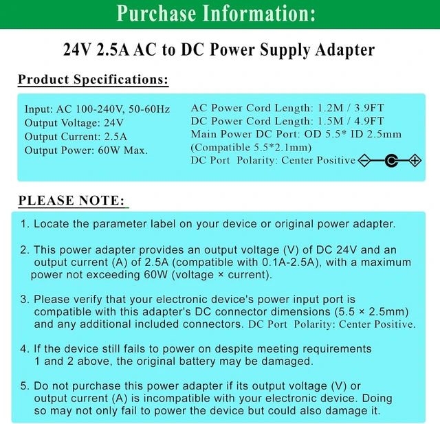 Alt view image 2 of 7 - 24V 2.5A Power Supply 100-240V AC to DC 24V 2.5 Amp 60W Power Adapter Transformer Cord with 5.5x2.5mm and 8 Tips. fit for 24Volt 2.5A 2A 1.5A 1A LED Strip Light Printer Soundbar.
