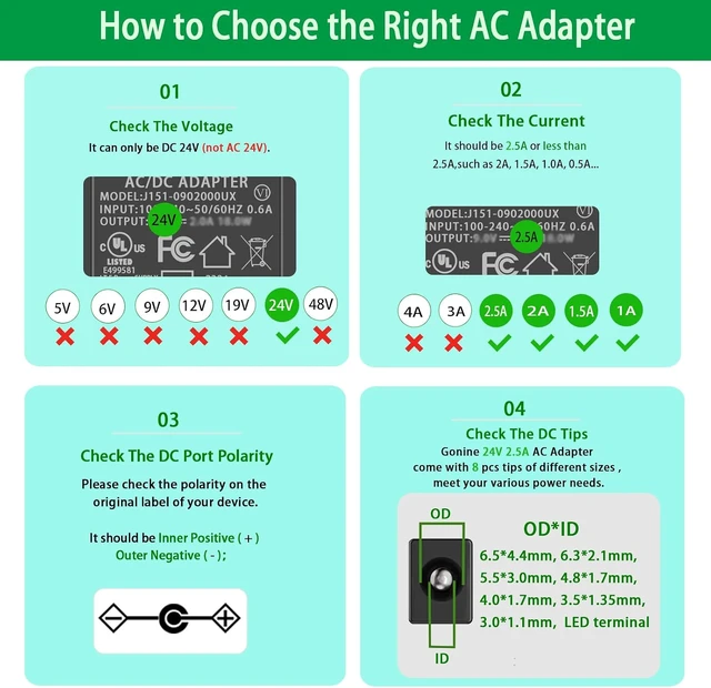 Alt view image 3 of 7 - 24V 2.5A Power Supply 100-240V AC to DC 24V 2.5 Amp 60W Power Adapter Transformer Cord with 5.5x2.5mm and 8 Tips. fit for 24Volt 2.5A 2A 1.5A 1A LED Strip Light Printer Soundbar.