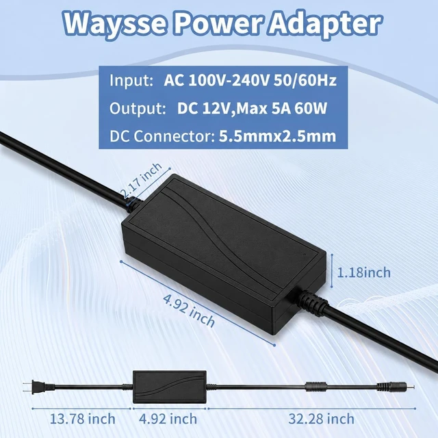 Alt view image 4 of 5 - 12V 5A Power Supply AC DC Adapter Converter 100-240V to 12 Volt 5 Amp Transformer 5.5x2.1mm Plug for LED Strip Light DVR NVR Security Cameras System