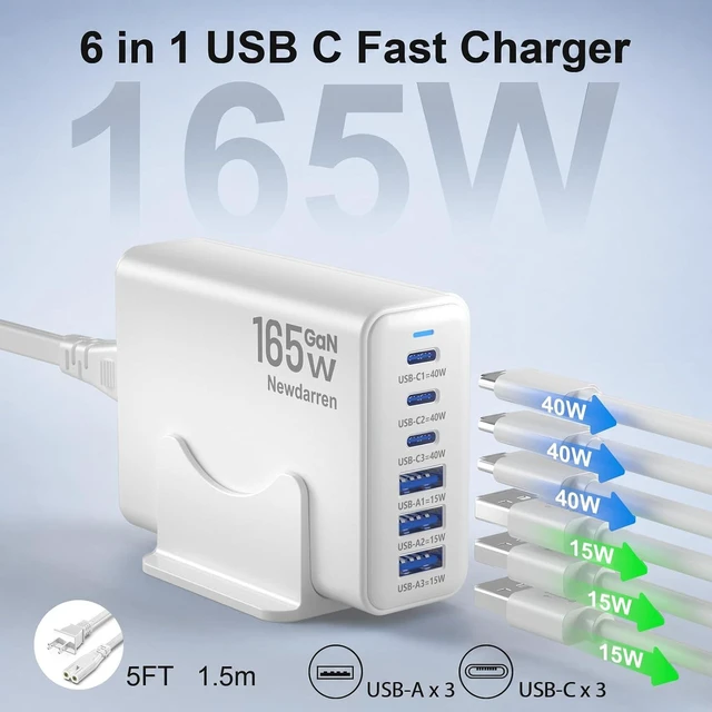 Alt view image 2 of 7 - 165W Charging Station 6 Port Desktop Charger 3 Ports 40W White