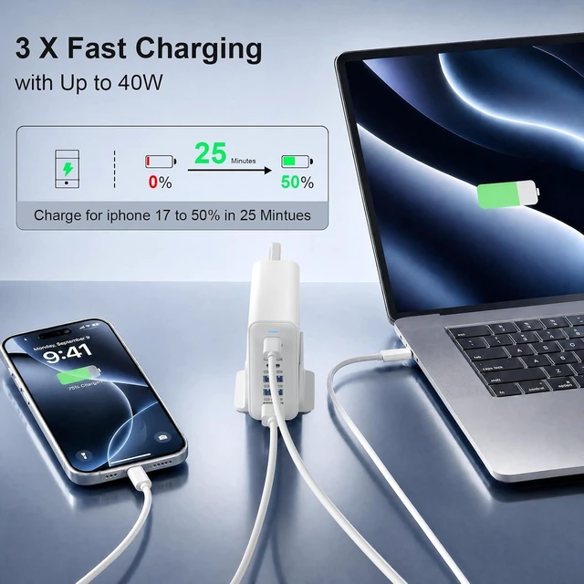 Alt view image 3 of 7 - 165W Charging Station 6 Port Desktop Charger 3 Ports 40W White