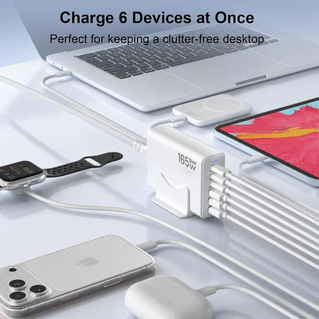 Alt view image 4 of 7 - 165W Charging Station 6 Port Desktop Charger 3 Ports 40W White
