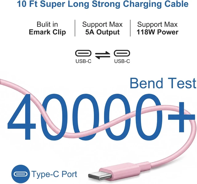 Alt view image 4 of 7 - Mac Book Pro Air Charger with 10FT Extra Long Type C Charging Cable Pink