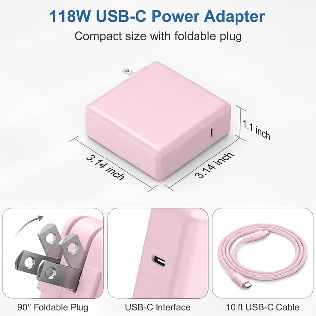 Alt view image 7 of 7 - Mac Book Pro Air Charger with 10FT Extra Long Type C Charging Cable Pink