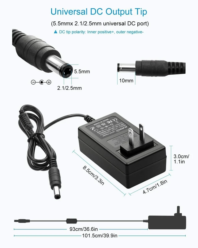 Alt view image 2 of 7 - 12V DC Power Supply 3A 36W Universal AC Adapter 100-240V 50-60hz to 12 Volt Power Adapter Cord 3Amp 2.5A 2A 5.5mm x 2.5mm 2.1mm for LED Strip Light CCTV Security Camera PC Monitor and More