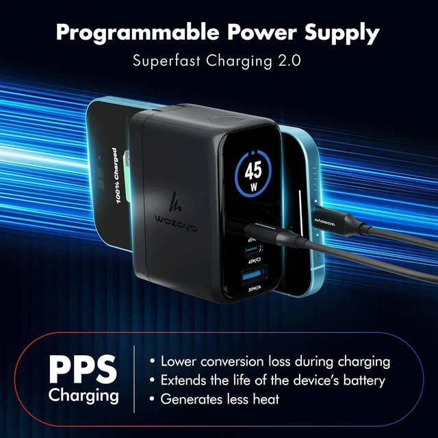 Alt view image 3 of 7 - 45W Smart LED GaN Charger 2XType-C & USB-A Superfast 2.0 Charging Compatible For iPhone 17/16/16 Pro Max/15 Series/iPad Pro Smartphones Tablets And More PD/PPS/QC 3.0 Compact Foldable Plug