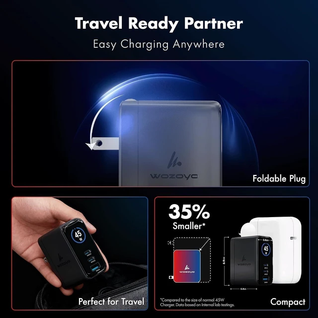 Alt view image 5 of 7 - 45W Smart LED GaN Charger 2XType-C & USB-A Superfast 2.0 Charging Compatible For iPhone 17/16/16 Pro Max/15 Series/iPad Pro Smartphones Tablets And More PD/PPS/QC 3.0 Compact Foldable Plug