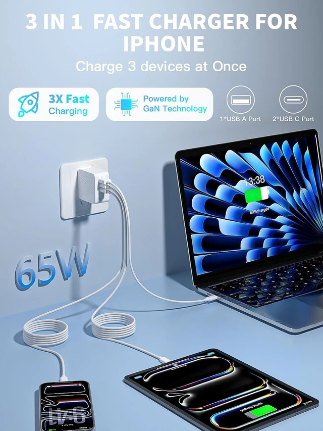 Alt view image 3 of 7 - 65W Foldable MacBook Charger Fast Charging Block &10FT MacBook Charger Cord