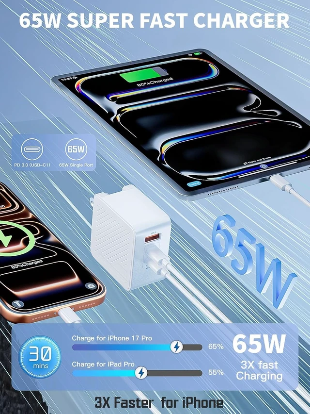 Alt view image 2 of 7 - 65W Foldable MacBook Charger Fast Charging Block &10FT MacBook Charger Cord