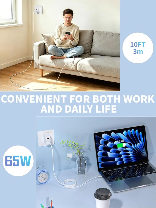 Alt view image 7 of 7 - 65W Foldable MacBook Charger Fast Charging Block &10FT MacBook Charger Cord