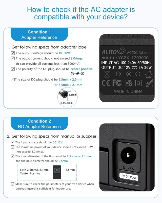 Alt view image 6 of 7 - 12V DC Power Supply 3A 36W Universal AC Adapter 100-240V 50-60hz to 12 Volt Power Adapter Cord 3Amp 2.5A 2A 5.5mm x 2.5mm 2.1mm for LED Strip Light CCTV Security Camera PC Monitor and More
