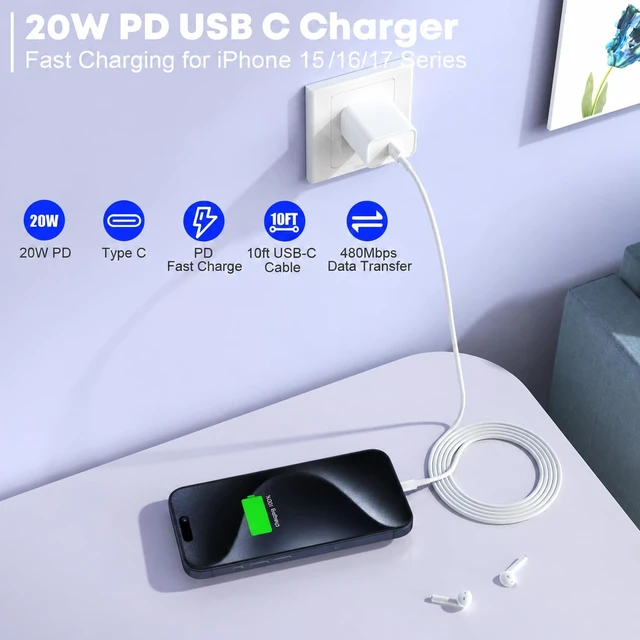 Alt view image 2 of 7 - Fast Charger for iPhone 17/16/15 Charger 10FT Extra Long Fast Charging 3Pack Block USB-C to USB C Fast Charging Cable Cord for iPhone Air/17 Pro Max/iPhone 16 Pro/16 Plus/15 Pro Max iPad Pro/Air/Mini