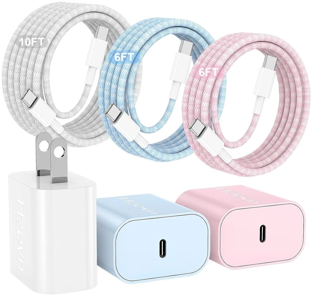 Main image of 20W USB C Fast Charging for iPhone 17 Air/16/15 Pro Max 3Pack Colorful Mixed Charger Block with Braided Long USB C to C Cables (6/6/10ft) Compatible with iPhone16/15 Pro/15 Plus/iPad Pro