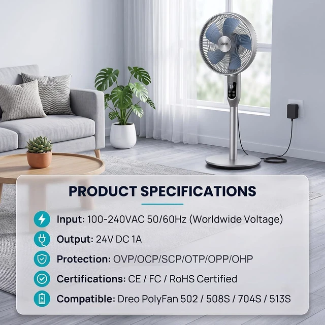 Alt view image 3 of 7 - 24V 1A AC DC Power Adapter Replacement Fan Charger Supply Compatible with Dreo PolyFan 502 508S 704S 513S Household Bedroom Circulator Fan Power Cord Charger