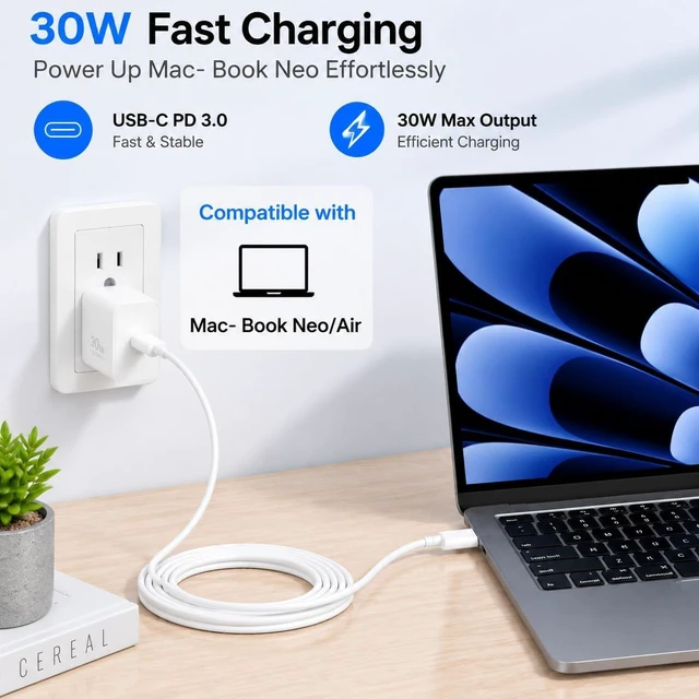 Alt view image 3 of 7 - 30W USBC Charger Fit for Mac Book Neo(A3404) Portable Replacement Charger PPS Fast Charger with 6.6FT (60W/3A) USB-C to USB-C Cable