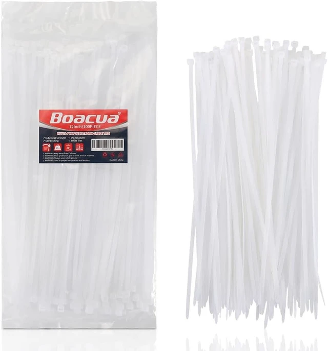 Main image of White Zip Ties Heavy Duty 12 inch 100 Pack 50LB Cable Ties Clear Zipties