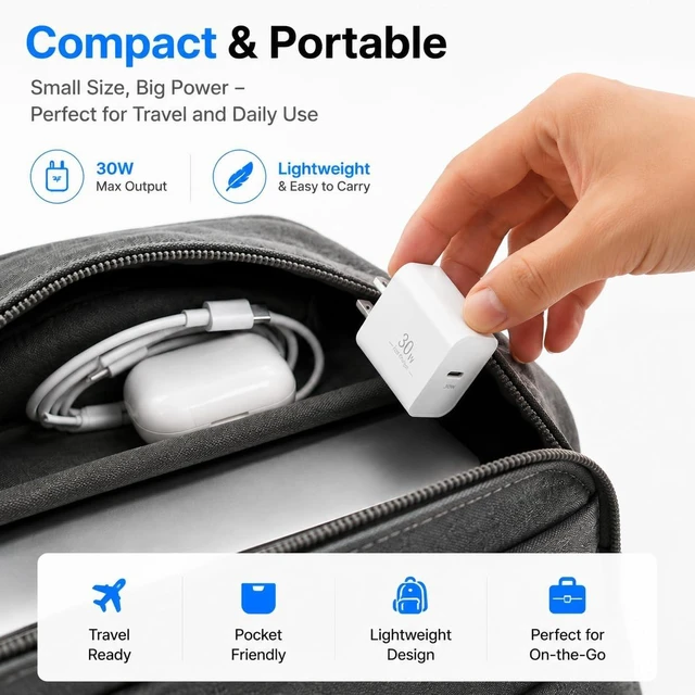 Alt view image 7 of 7 - 30W USBC Charger Fit for Mac Book Neo(A3404) Portable Replacement Charger PPS Fast Charger with 6.6FT (60W/3A) USB-C to USB-C Cable