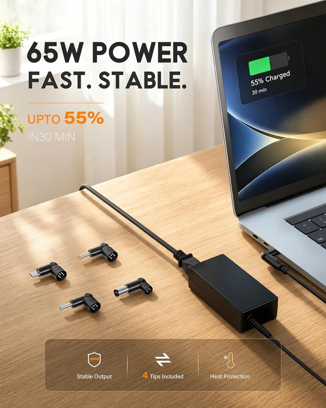 Alt view image 2 of 7 - Universal 65W USB C Laptop Charger 4-in-1 with 3 Round Tips AC Adapter