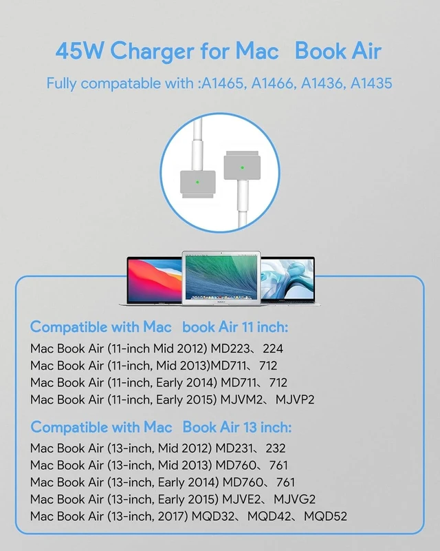 Alt view image 2 of 7 - Mac Book Air Charger 45W T-Tip Power Adapter MacBook Laptop Charger
